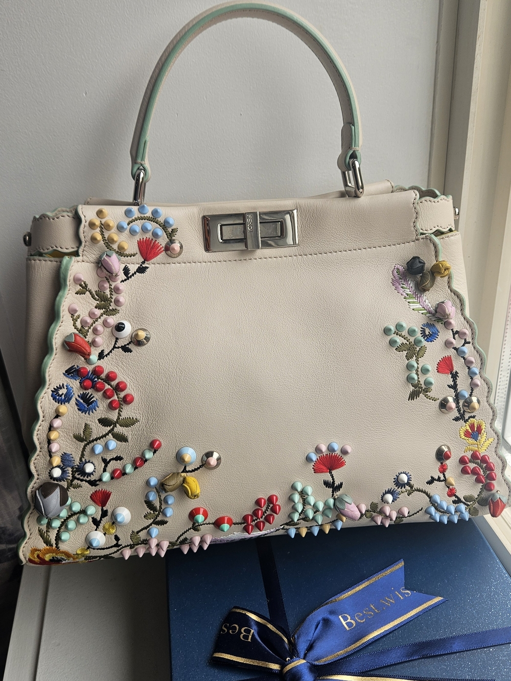 Fendi Peekaboo Medium Floral Embroidered & Studded Bag
